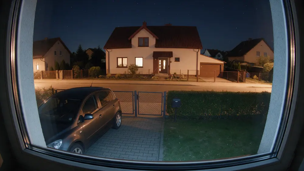 Widok z kamery w nocy: podjazd, samochód i ulica w kolorze
