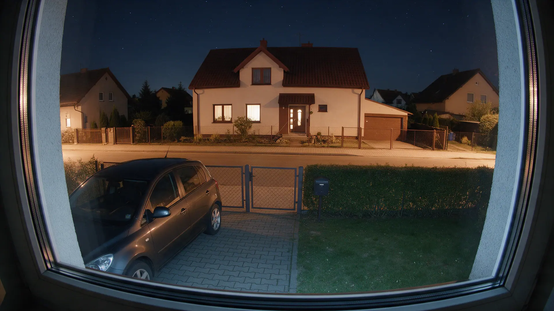 Widok z kamery o 23:40: podjazd, samochód i furtka oświetlone latarnią